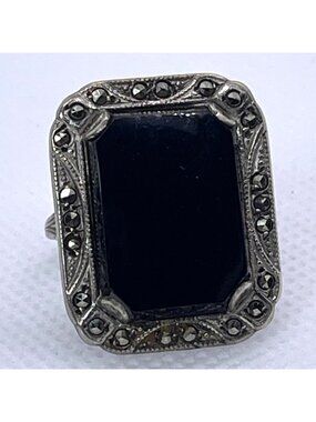 Art Deco Ring Black Onyx Marcasite Sterling Silver Statement Estate Size 6.25